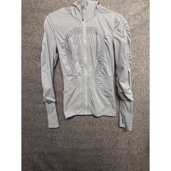 lululemon athletica Tops - Lululemon Hoodie Jacket Womens 4 Gray Stripe Full Zip Ruched Thumbholes Yoga